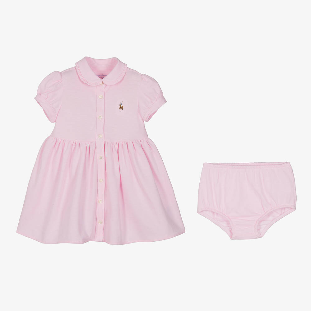 Ralph Lauren-Baby Girls Pink Cotton Polo Dress | Childrensalon