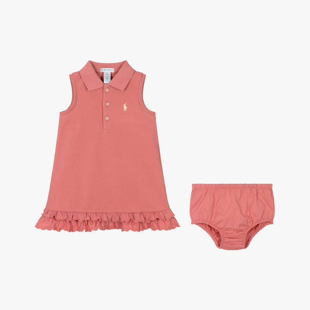Ralph Lauren-Baby Girls Pink Piqué Sleeveless Dress with Ruffle Hem | Childrensalon