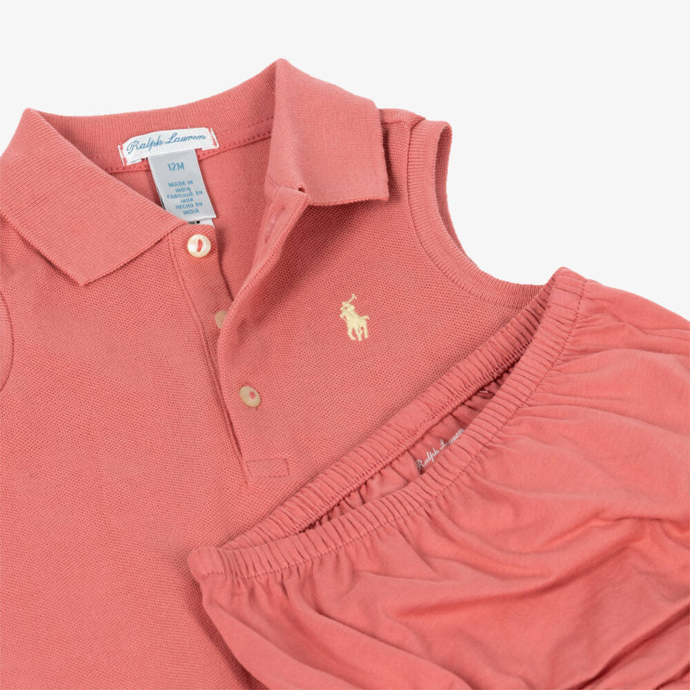 Ralph Lauren-Baby Girls Pink Piqué Sleeveless Dress with Ruffle Hem | Childrensalon