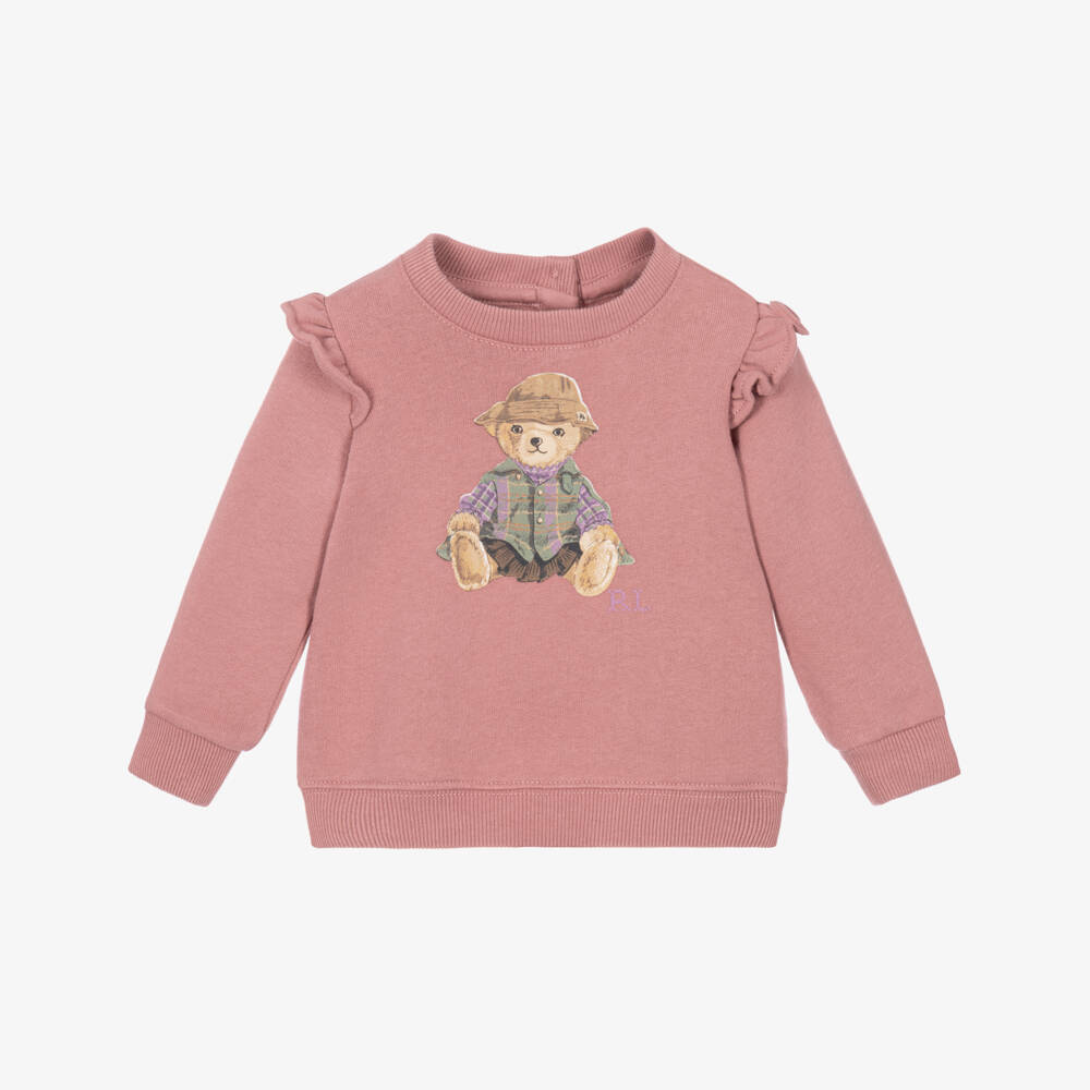 Ralph Lauren-Baby Girls Pink Polo Bear Sweatshirt  | Childrensalon