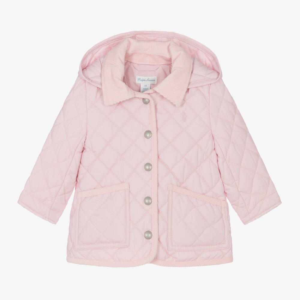 Ralph Lauren-Baby Girls Pink Quilted Hooded Jacket | Childrensalon