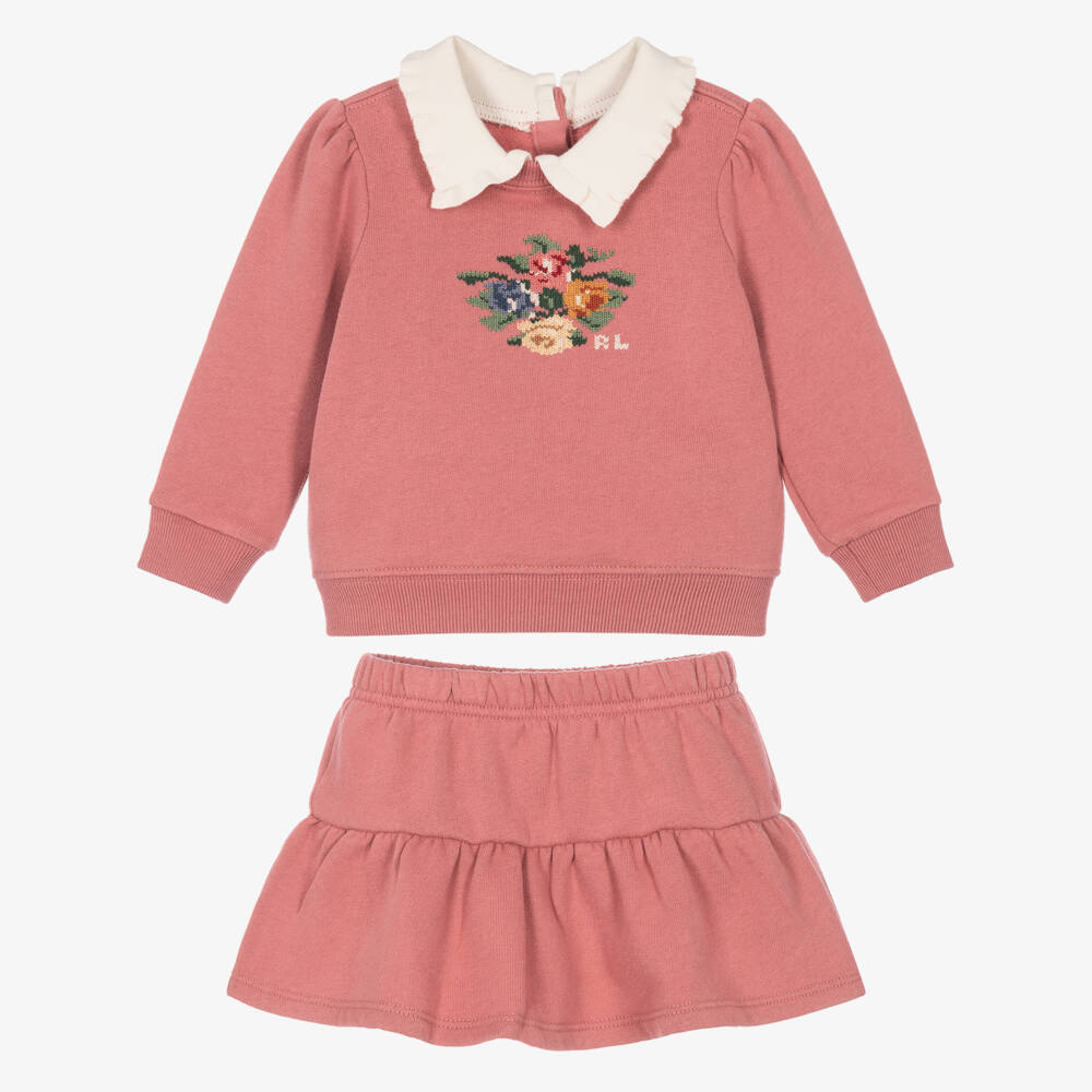 Ralph Lauren-Baby Girls Pink Skirt Set with Floral Needlework | Childrensalon