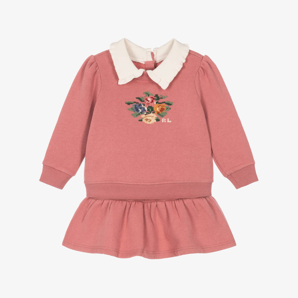 Ralph Lauren-Baby Girls Pink Skirt Set with Floral Needlework | Childrensalon