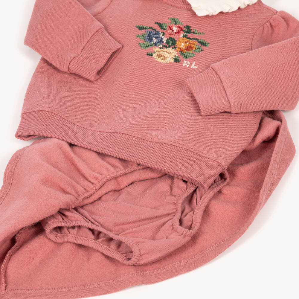Ralph Lauren-Baby Girls Pink Skirt Set with Floral Needlework | Childrensalon