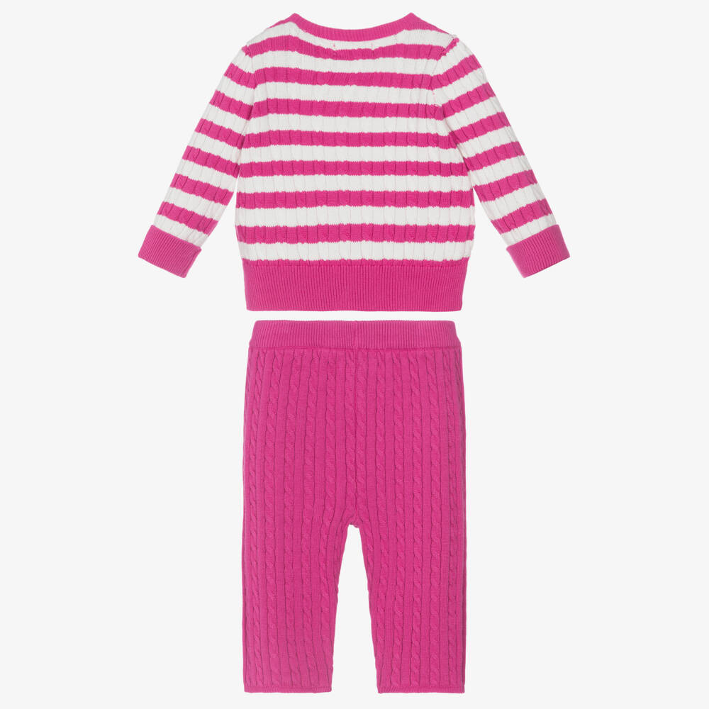 Ralph Lauren-Baby Girls Pink Striped Cable Knit Trouser Set | Childrensalon
