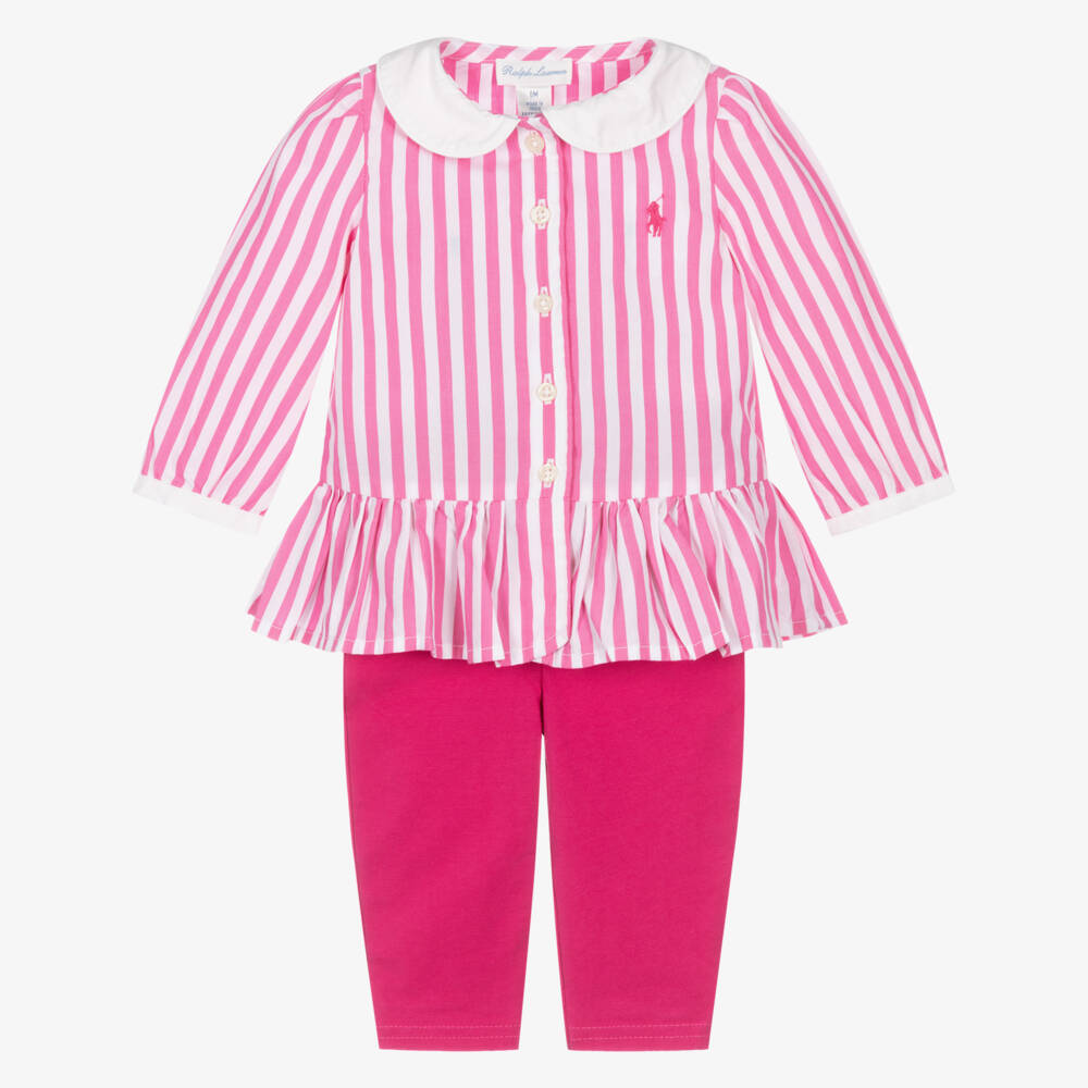 Ralph Lauren-Baby Girls Pink Striped Cotton Leggings Set with Bows | Childrensalon