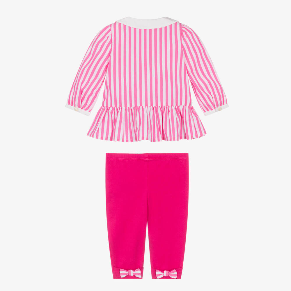 Ralph Lauren-Baby Girls Pink Striped Cotton Leggings Set with Bows | Childrensalon