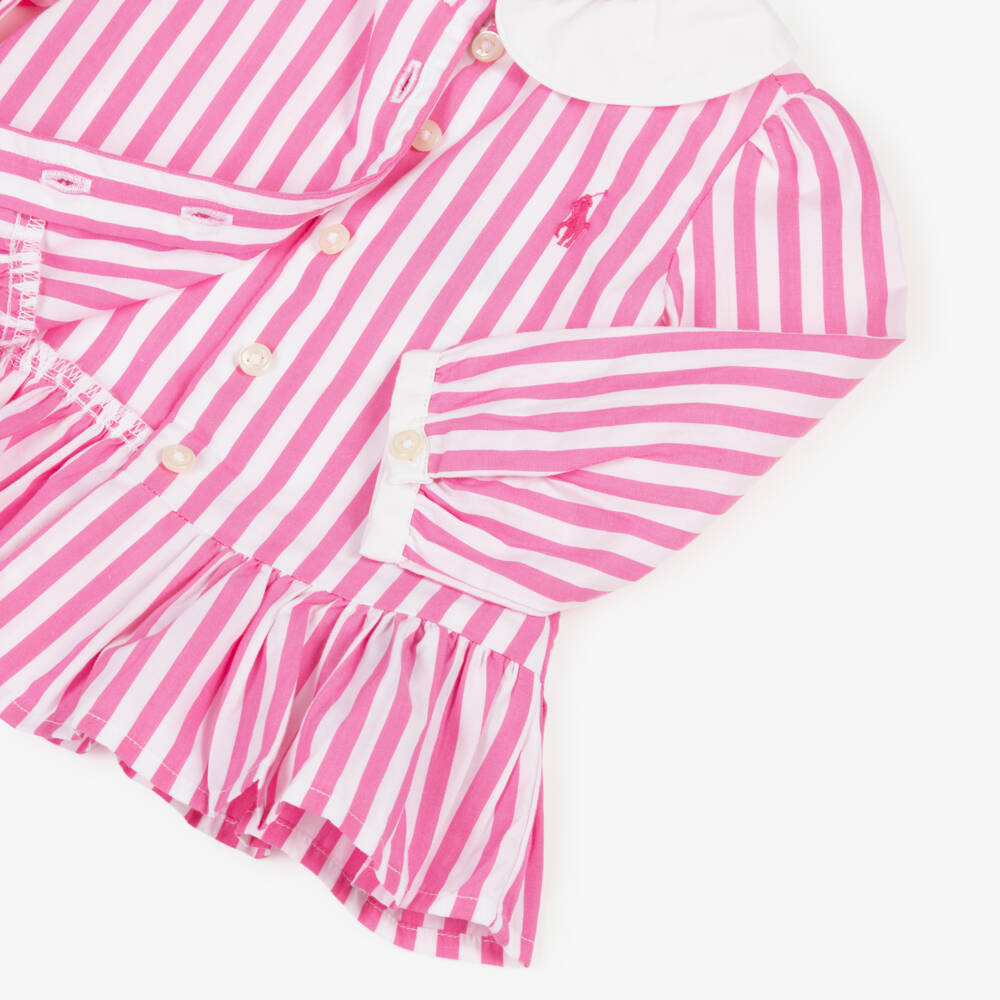 Ralph Lauren-Baby Girls Pink Striped Cotton Leggings Set with Bows | Childrensalon