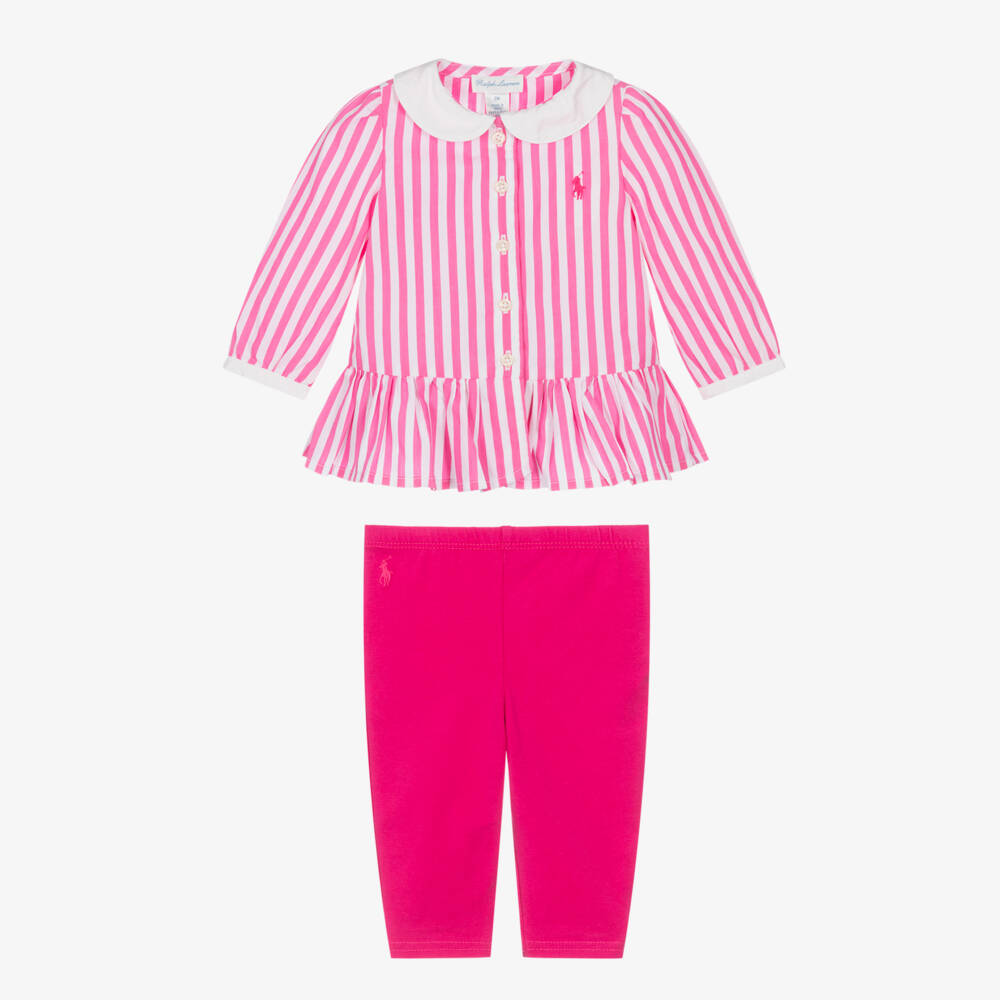 Ralph Lauren-Baby Girls Pink Striped Cotton Leggings Set with Bows | Childrensalon