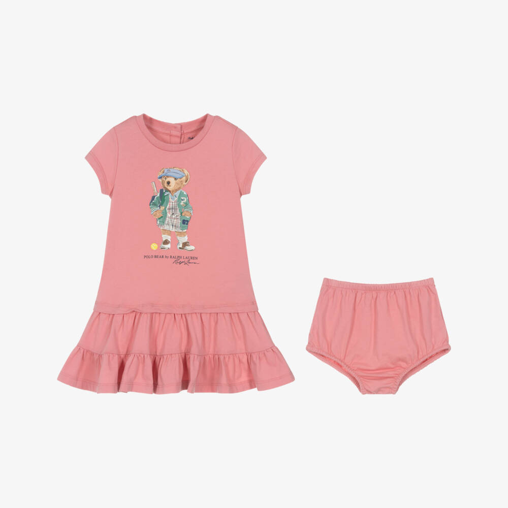 Ralph Lauren-Baby Girls Pink Tennis Polo Bear Cotton T-Shirt Dress | Childrensalon