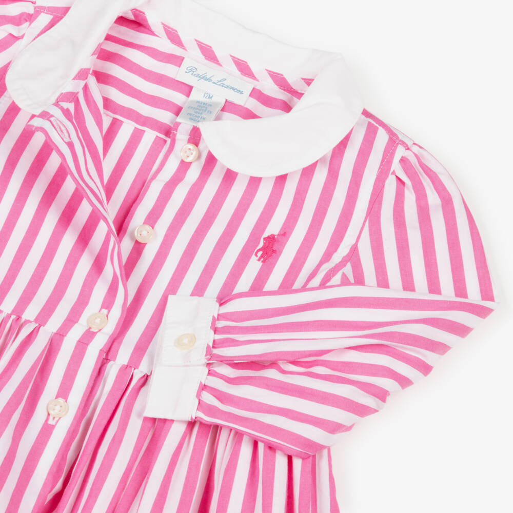 Ralph Lauren-Baby Girls Pink & White Striped Cotton Dress | Childrensalon