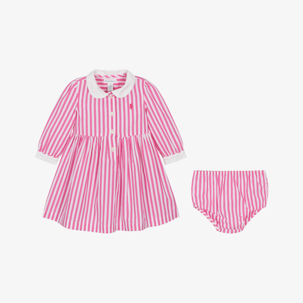 Ralph Lauren-Baby Girls Pink & White Striped Cotton Dress | Childrensalon