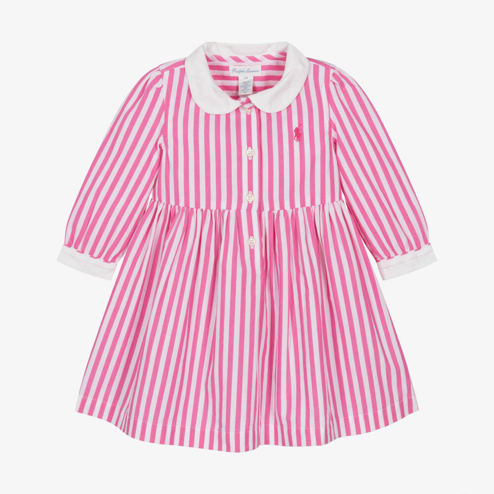 Ralph Lauren-Baby Girls Pink & White Striped Cotton Dress | Childrensalon