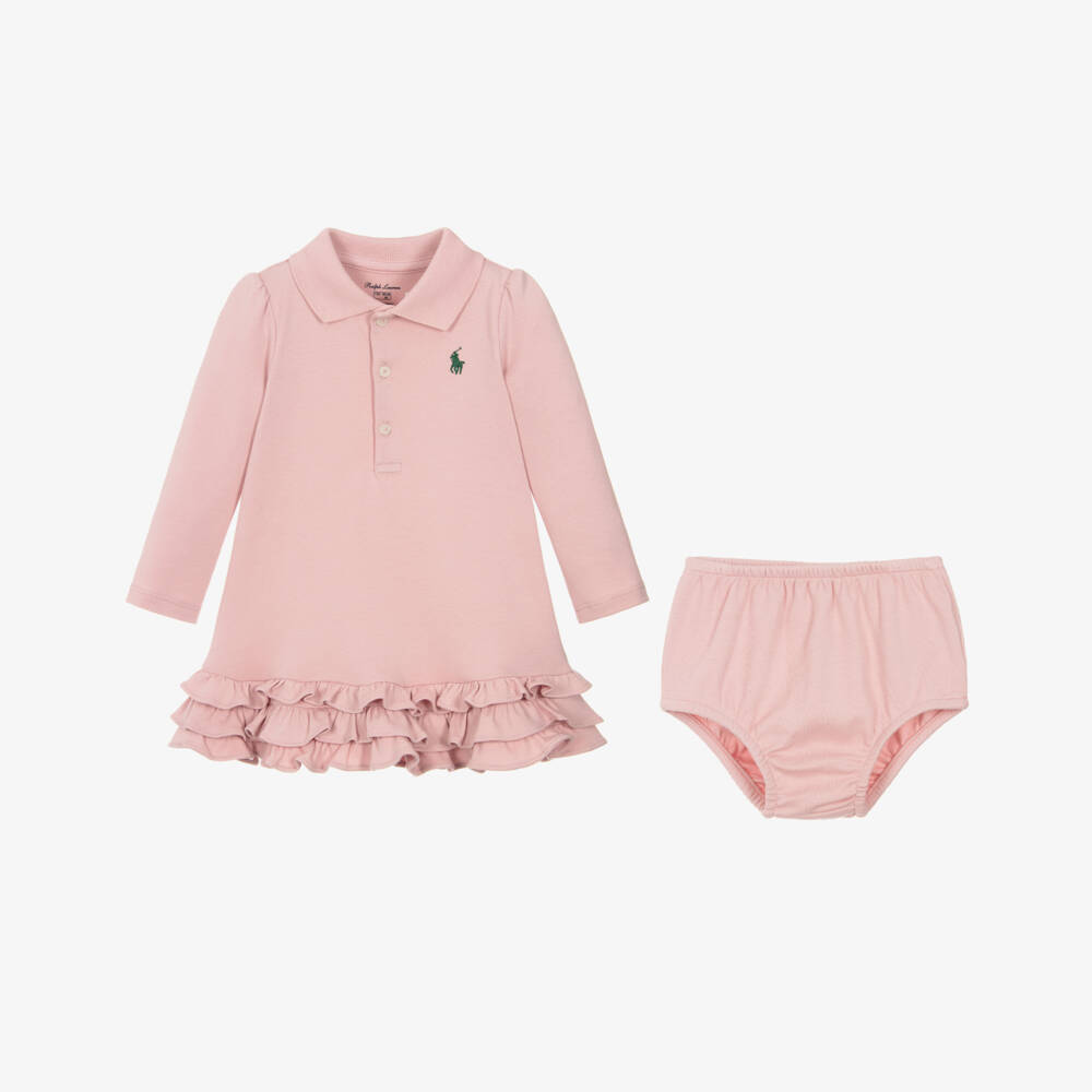 Ralph Lauren-Baby Girls Powder Pink Cotton Ruffled Polo Dress | Childrensalon