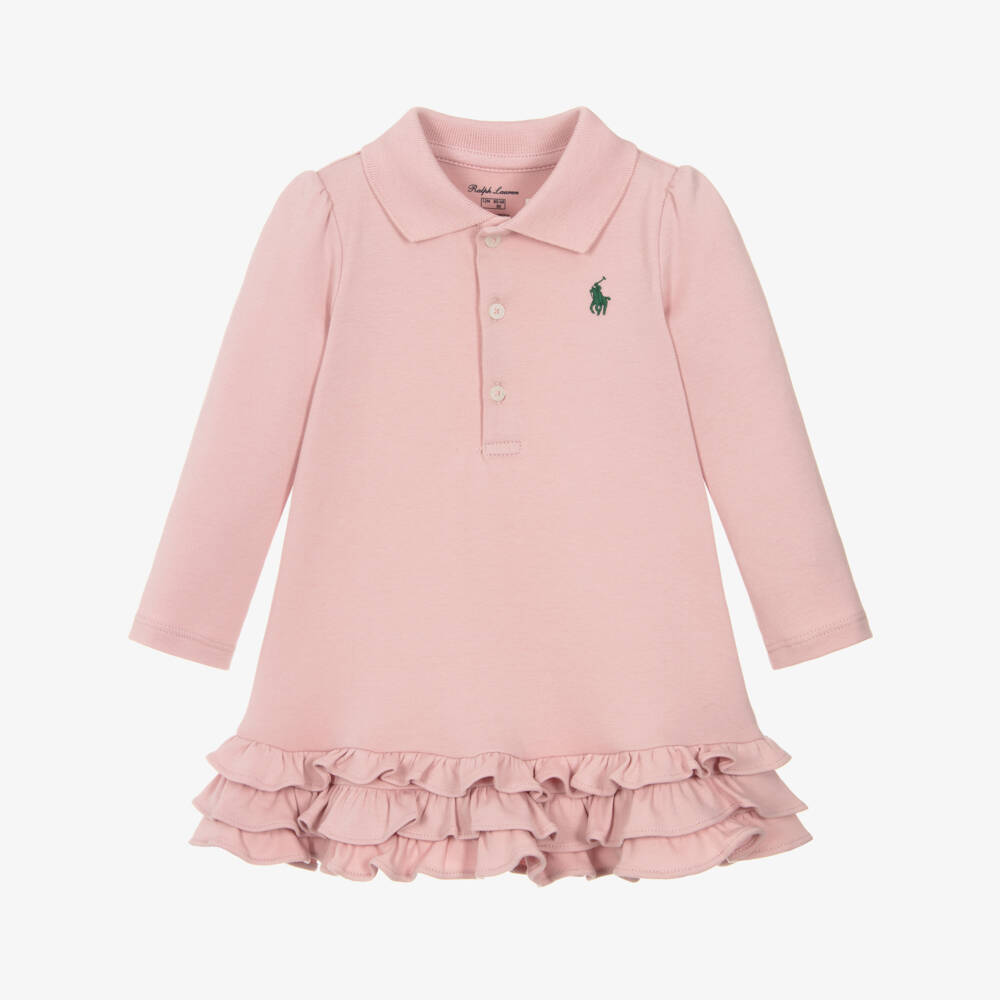 Ralph Lauren-Baby Girls Powder Pink Cotton Ruffled Polo Dress | Childrensalon