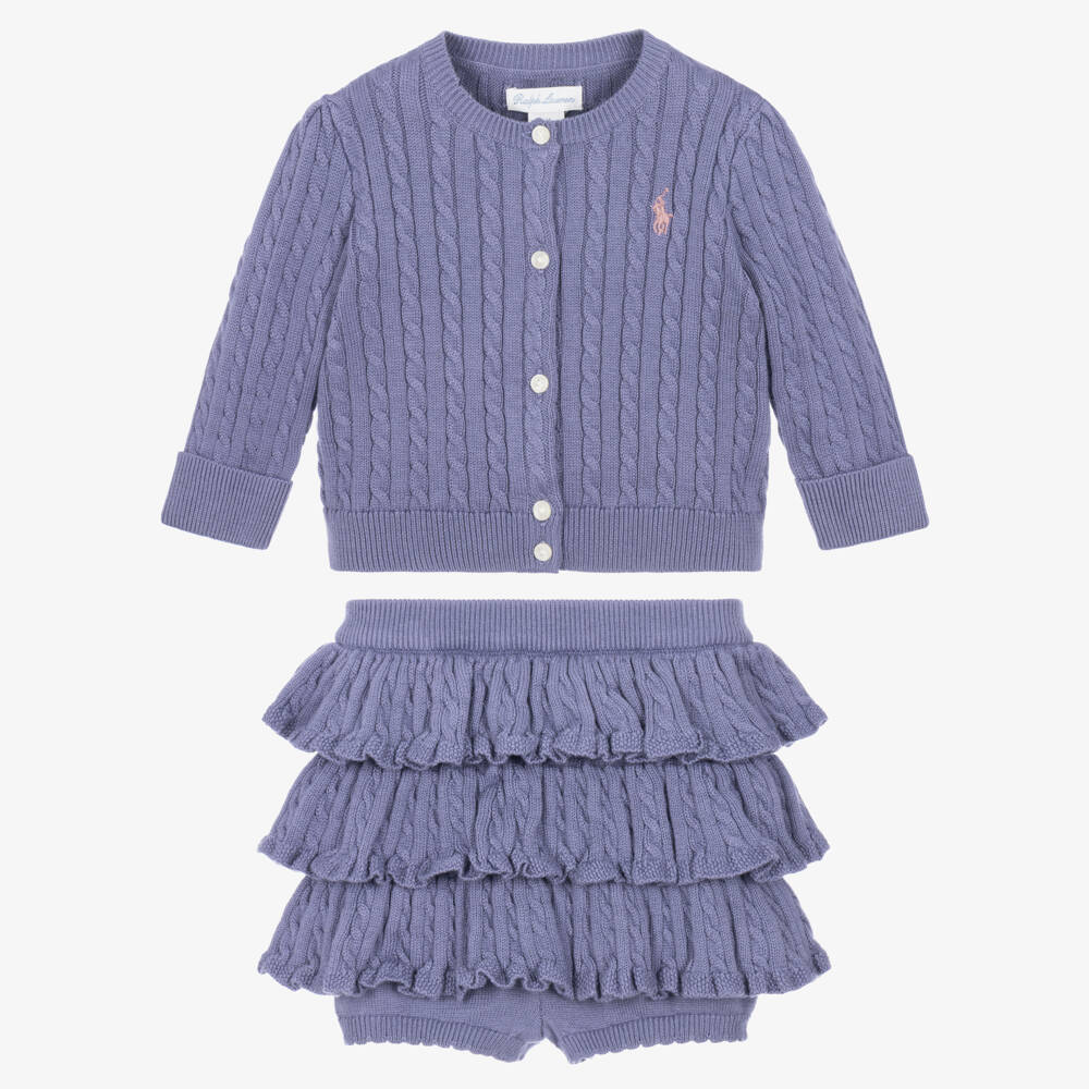 Ralph Lauren-Baby Girls Purple Cable Knit Cardigan & Skort Set | Childrensalon