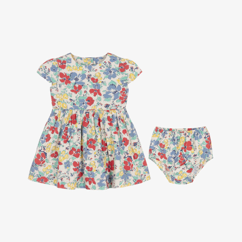 Ralph Lauren-Baby Girls Red & Blue Cotton Floral Dress | Childrensalon