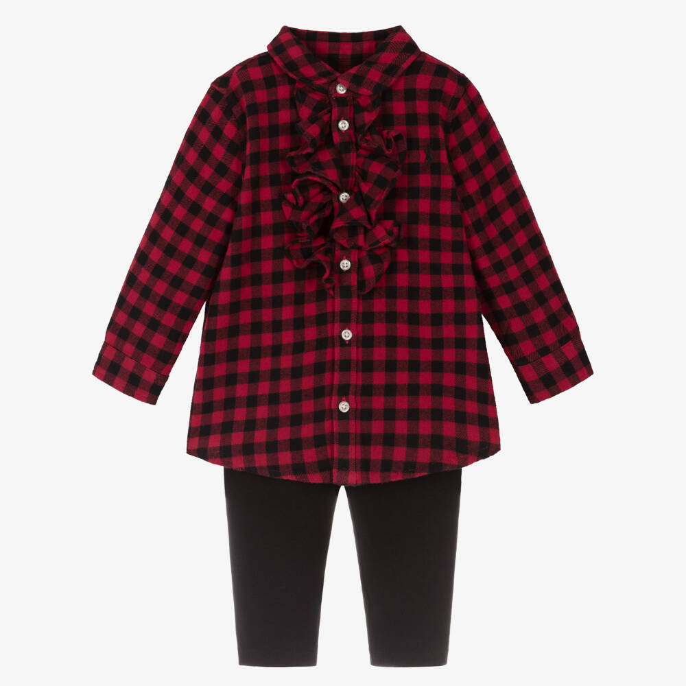 Ralph Lauren-Baby Girls Red Check Cotton Ruffle Top & Leggings Set | Childrensalon
