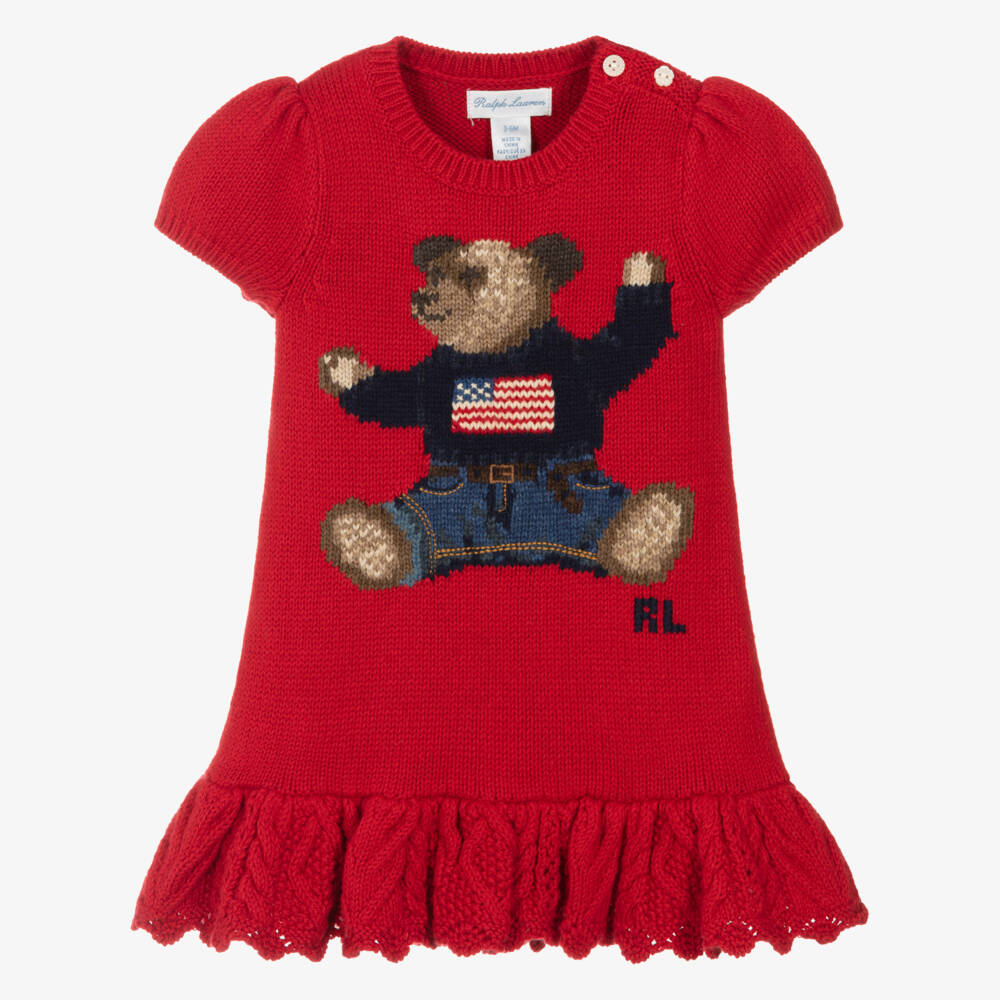 Ralph Lauren-Baby Girls Red Cotton Knit Polo Bear Dress | Childrensalon