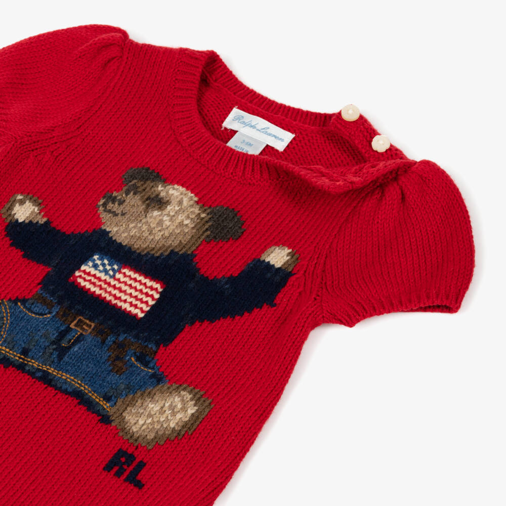 Ralph Lauren-Baby Girls Red Cotton Knit Polo Bear Dress | Childrensalon