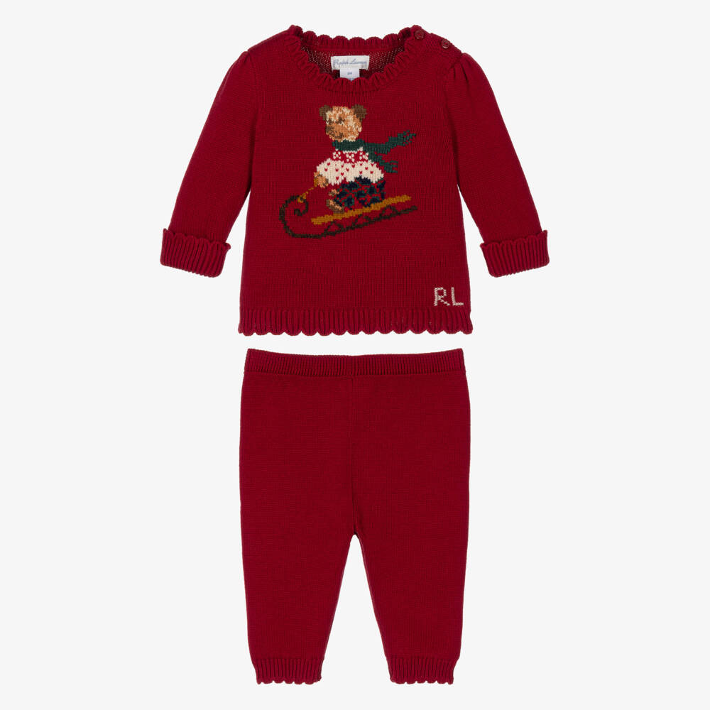 Ralph Lauren-Baby Girls Red Knitted Polo Bear Trouser Set | Childrensalon