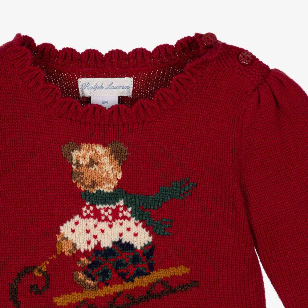 Ralph Lauren-Baby Girls Red Knitted Polo Bear Trouser Set | Childrensalon
