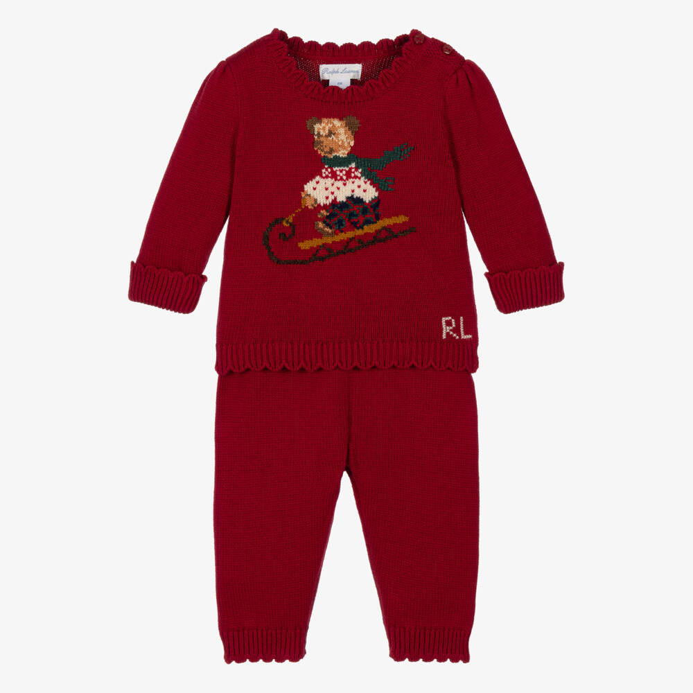 Ralph Lauren-Baby Girls Red Knitted Polo Bear Trouser Set | Childrensalon