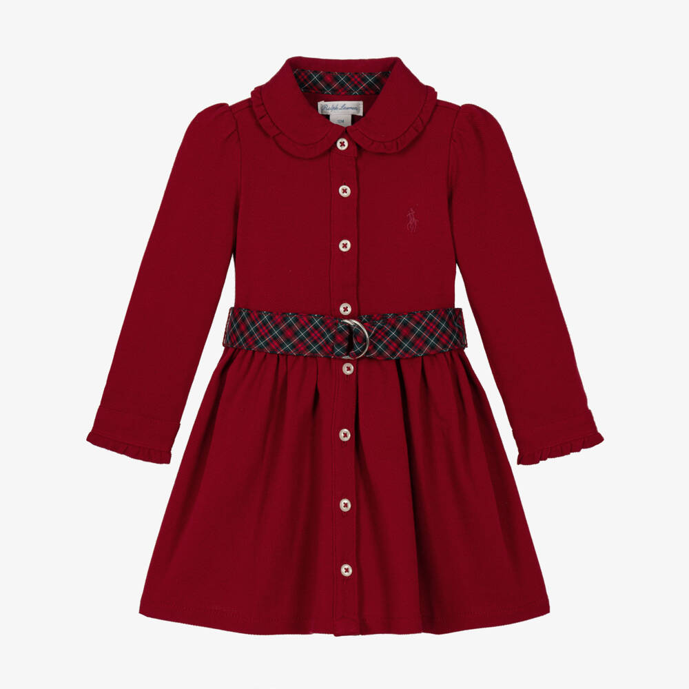 Ralph Lauren-Baby Girls Red Shirt Dress with Tartan Belt | Childrensalon