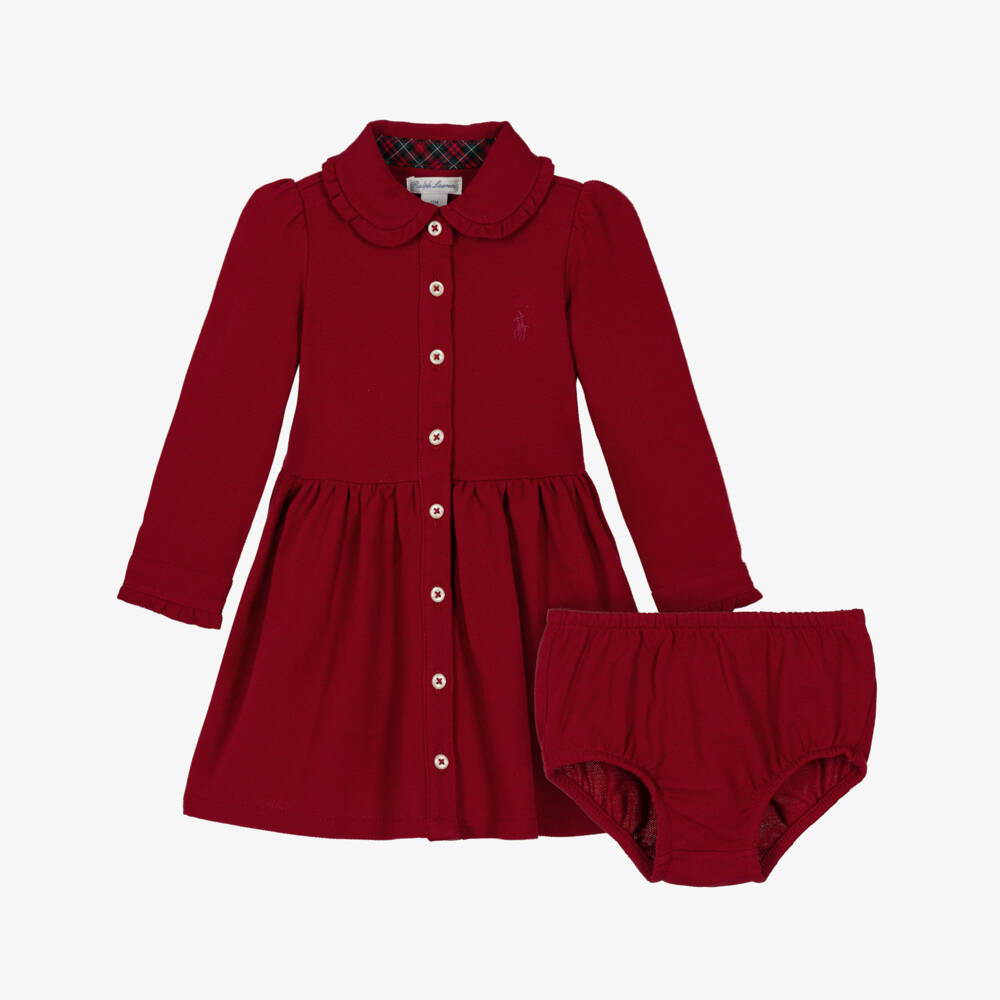 Ralph Lauren-Baby Girls Red Shirt Dress with Tartan Belt | Childrensalon