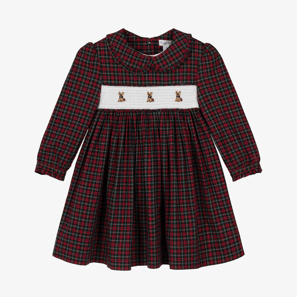 Ralph Lauren-Baby Girls Red Tartan Dress with Smocked Panel | Childrensalon