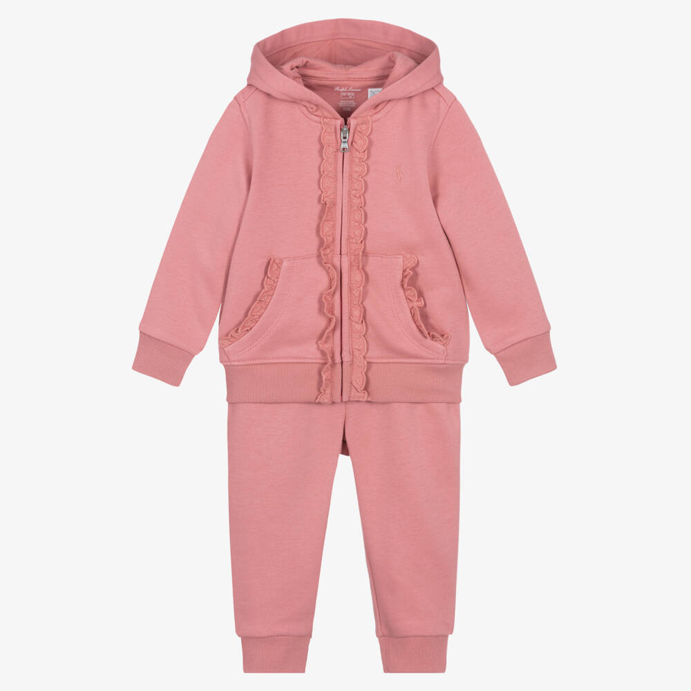 Ralph Lauren-Baby Girls Salmon Pink Cotton Tracksuit with Pony Logo | Childrensalon