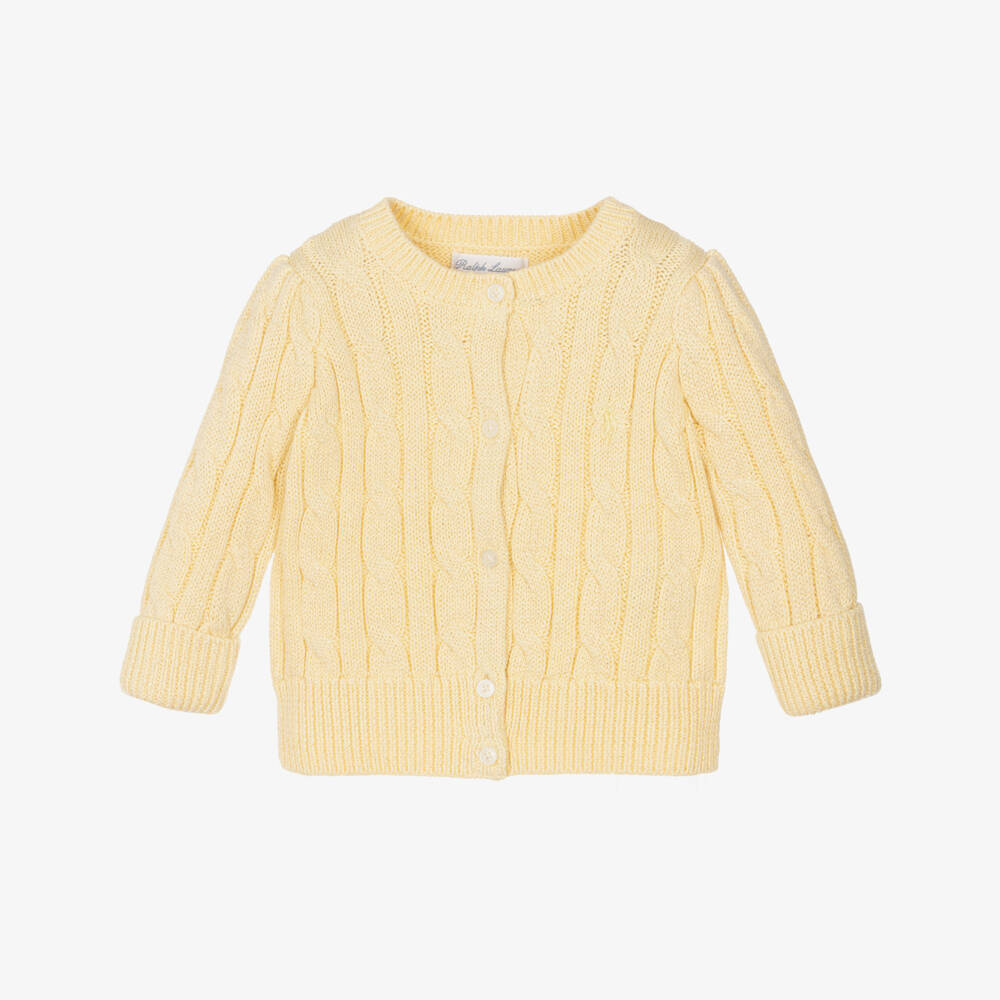 Ralph Lauren-Baby Girls Sparkly Yellow Cotton Cable Knit Cardigan | Childrensalon