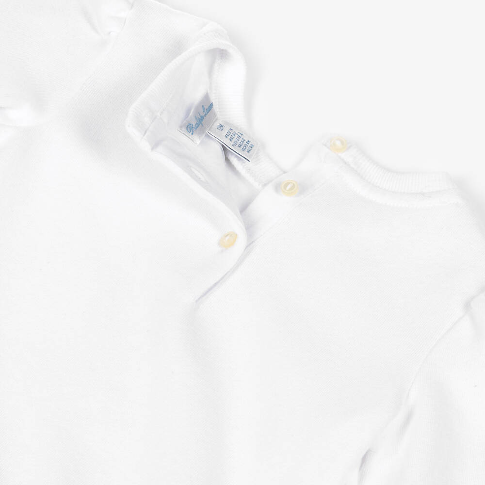 Ralph Lauren-Baby Girls White & Blure Striped Dress with Polo Bear Print | Childrensalon