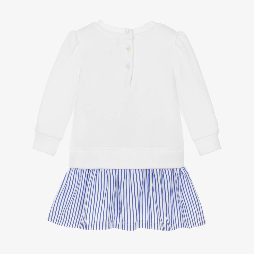 Ralph Lauren-Baby Girls White & Blure Striped Dress with Polo Bear Print | Childrensalon