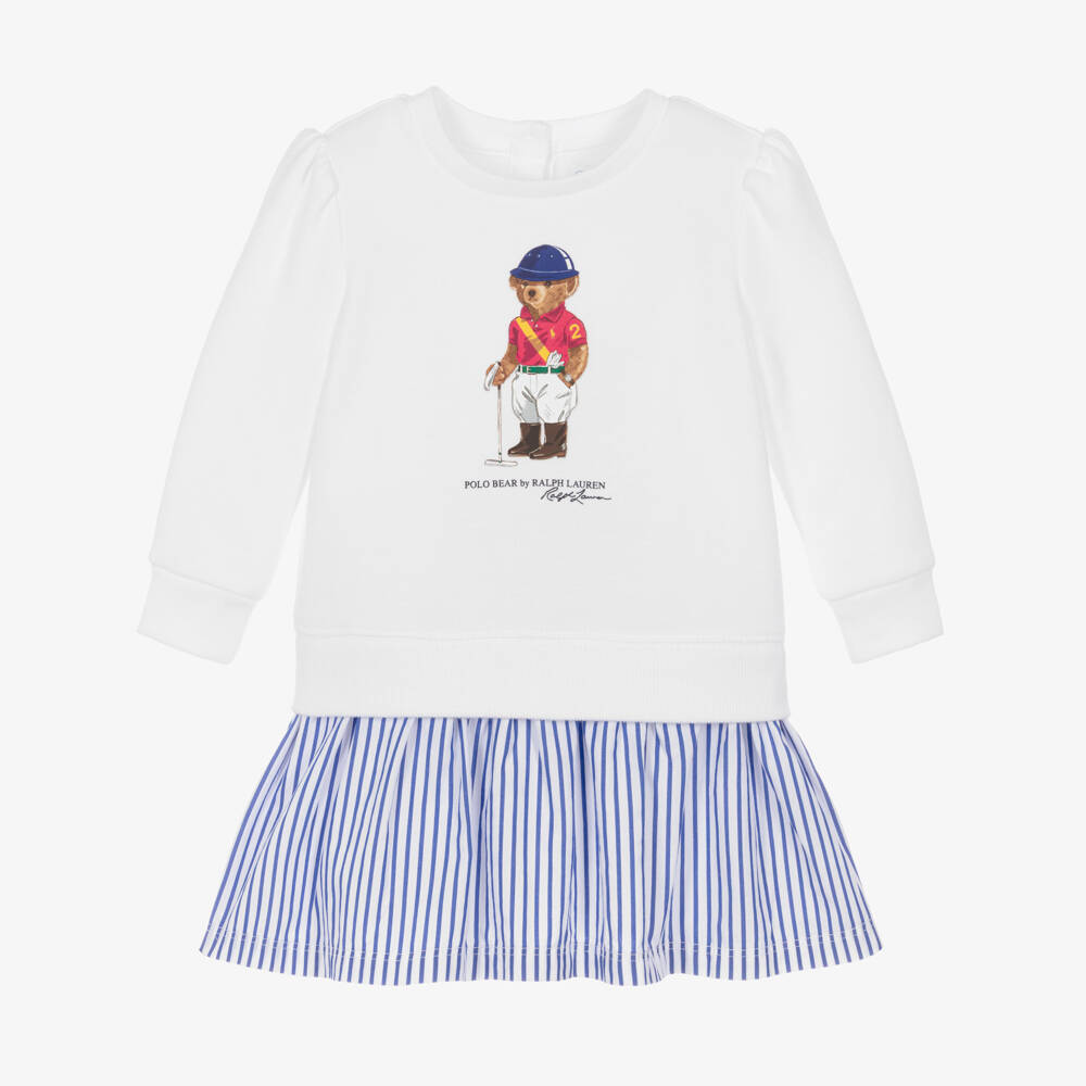 Ralph Lauren-Baby Girls White & Blure Striped Dress with Polo Bear Print | Childrensalon