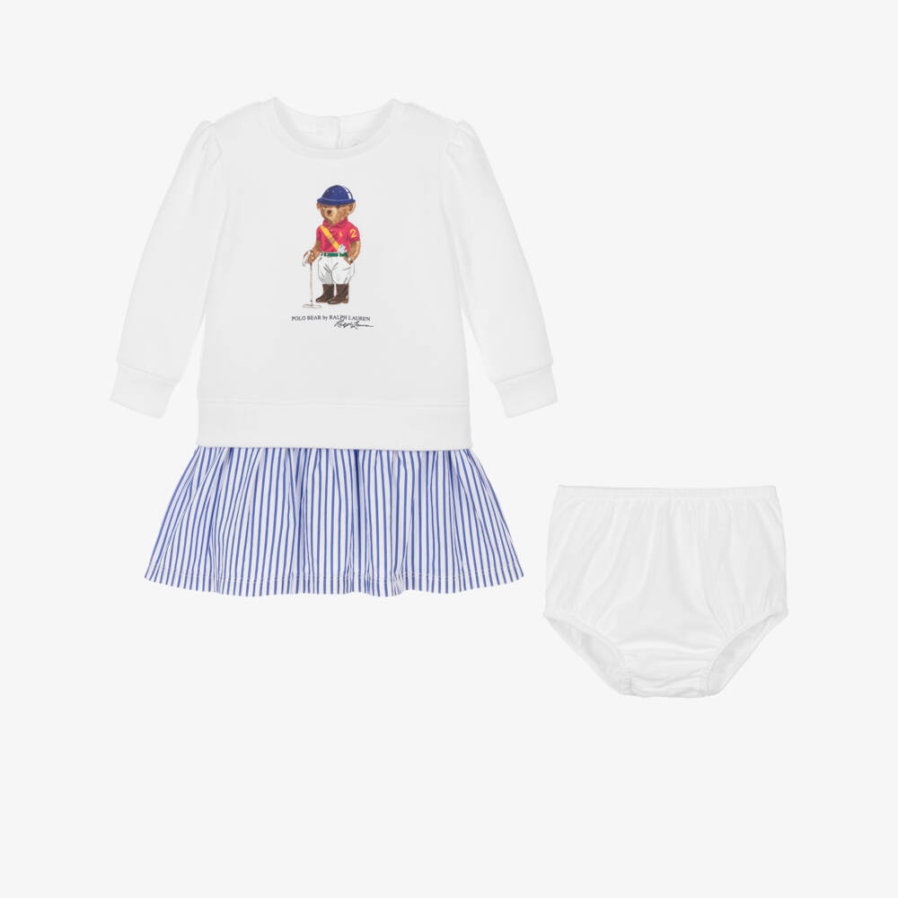 Ralph Lauren-Baby Girls White & Blure Striped Dress with Polo Bear Print | Childrensalon