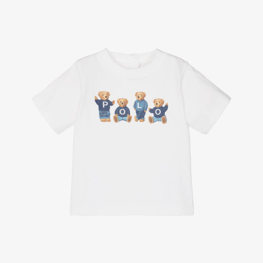 Ralph Lauren-Baby Girls White Cotton T-Shirt with Polo Bears Print | Childrensalon