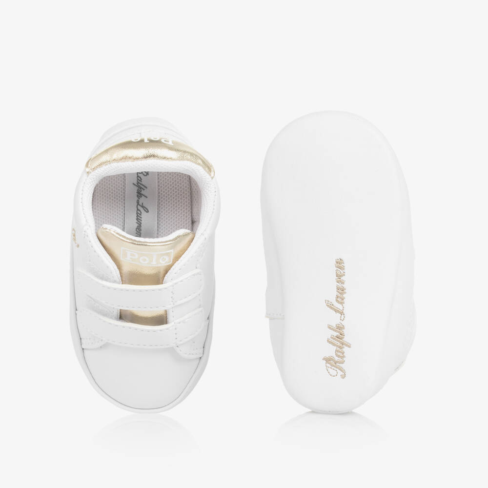 Ralph Lauren-Baby Girls White & Metallic Gold Pre-Walker Trainers | Childrensalon
