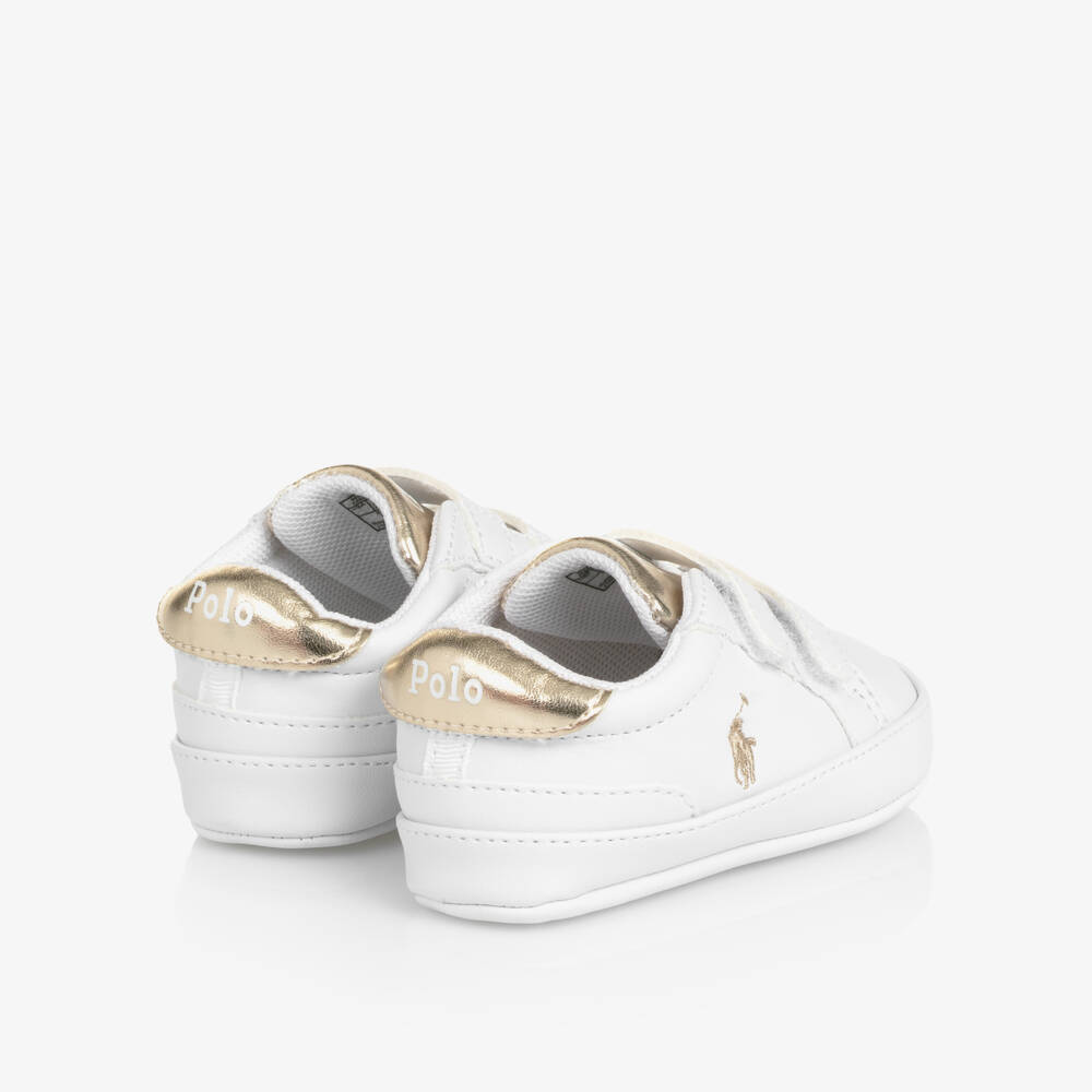 Ralph Lauren-Baby Girls White & Metallic Gold Pre-Walker Trainers | Childrensalon