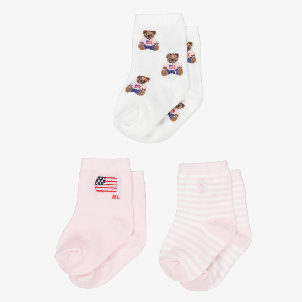 Ralph Lauren-Baby Girls White & Pink Cotton Socks | Childrensalon