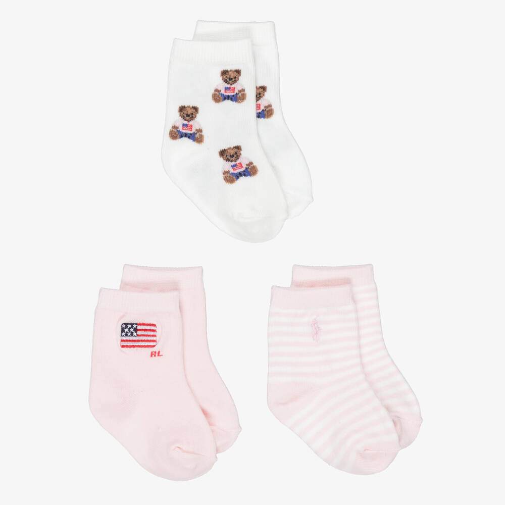 Ralph Lauren-Baby Girls White & Pink Cotton Socks | Childrensalon