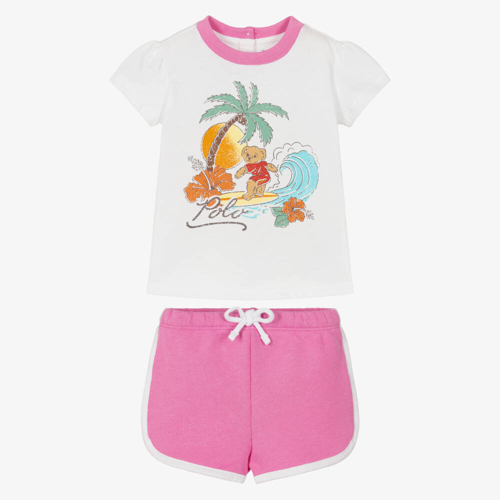 Ralph Lauren-Baby Girls White & Pink Polo Bear Shorts Set | Childrensalon