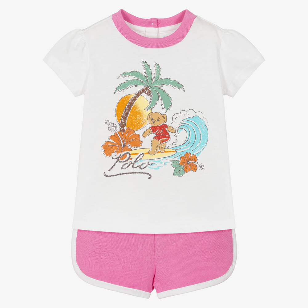 Ralph Lauren-Baby Girls White & Pink Polo Bear Shorts Set | Childrensalon