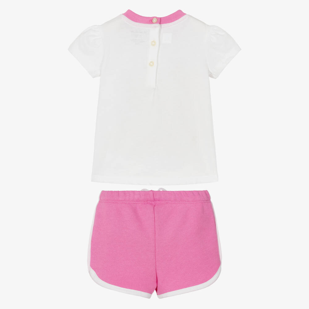 Ralph Lauren-Baby Girls White & Pink Polo Bear Shorts Set | Childrensalon