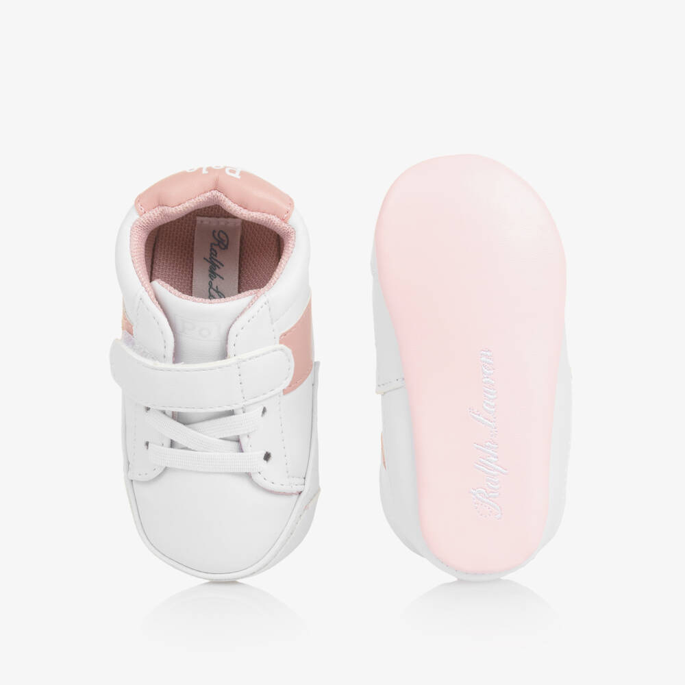 Ralph Lauren-Baby Girls White & Pink Pony Logo Pre-Walker Trainers | Childrensalon