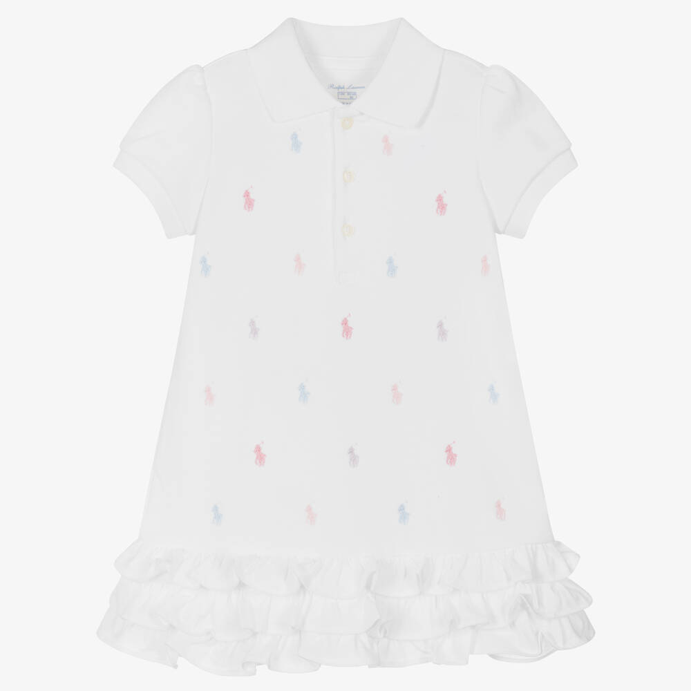 Ralph Lauren-Baby Girls White Ruffle Polo Dress | Childrensalon