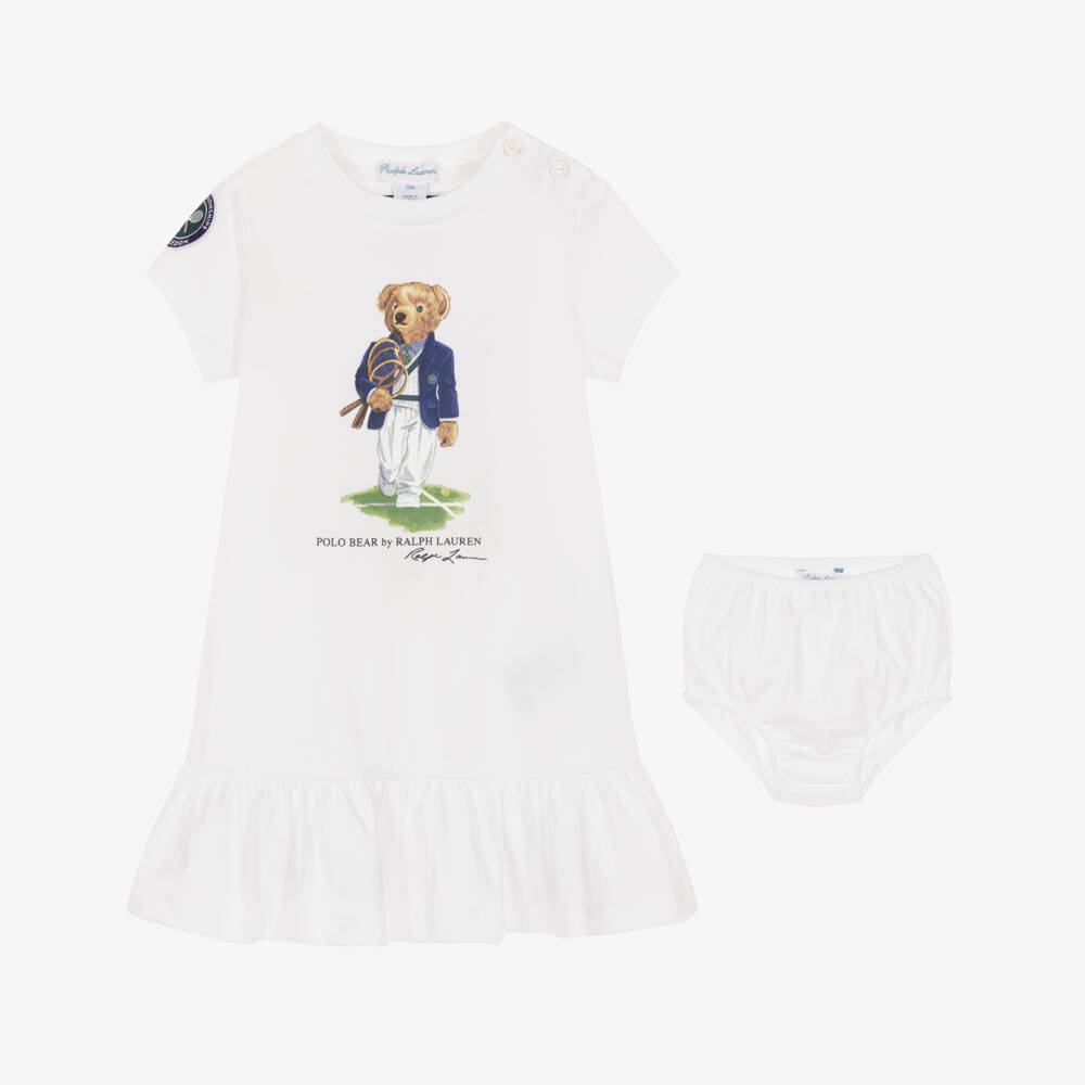 Ralph Lauren-Baby Girls White Wimbledon Collection Dress with Polo Bear | Childrensalon