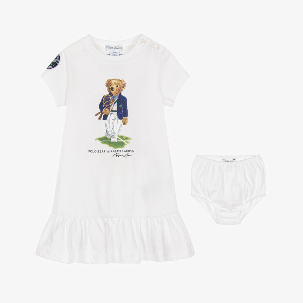 Ralph Lauren-Baby Girls White Wimbledon Collection Dress with Polo Bear | Childrensalon
