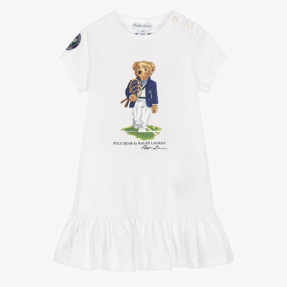 Ralph Lauren-Baby Girls White Wimbledon Collection Dress with Polo Bear | Childrensalon