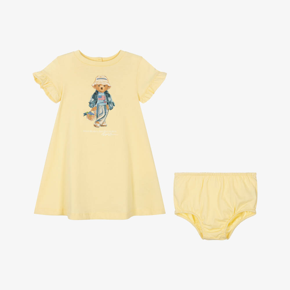 Ralph Lauren-Baby Girls Yellow Cotton Jersey Dress with Polo Bear Motif | Childrensalon